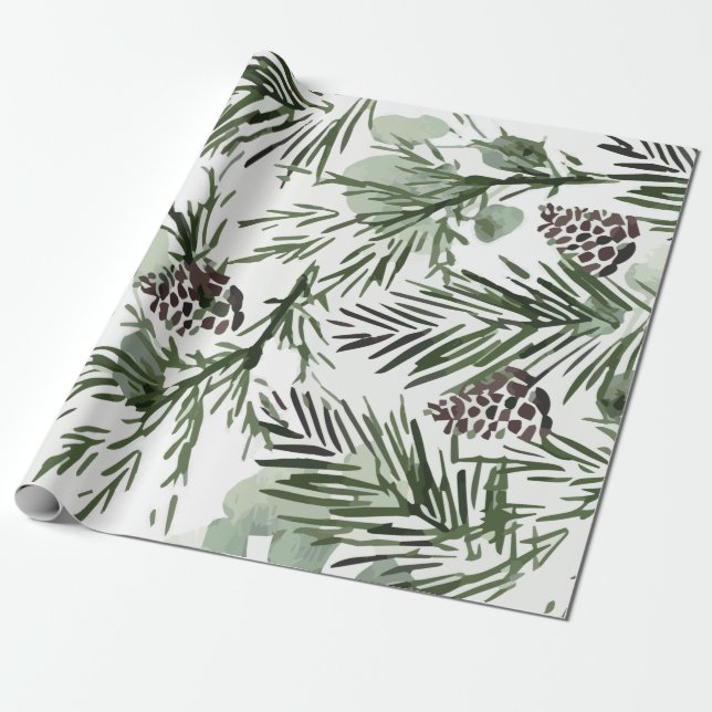 Pine Tree and Pinecones Pattern Wrapping Paper (Unrolled)