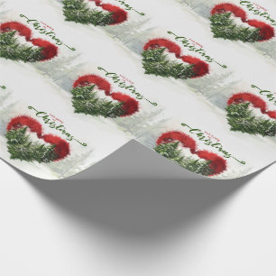Pine Tree and Red Heart With Love on Christmas Wrapping Paper