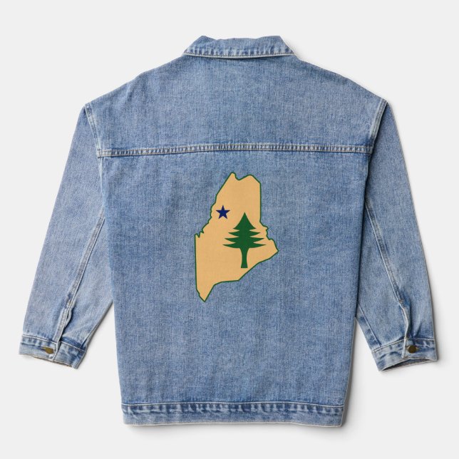 Pine tree and star 1901 flag map of Maine State Denim Jacket (Back)