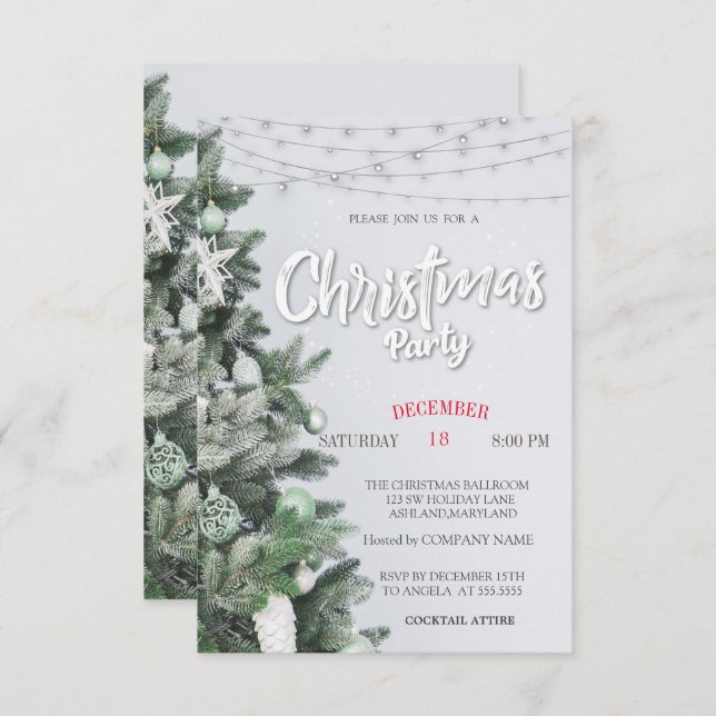 Pine Tree,Balls, Lights Christmas Party Invitation (Front/Back)