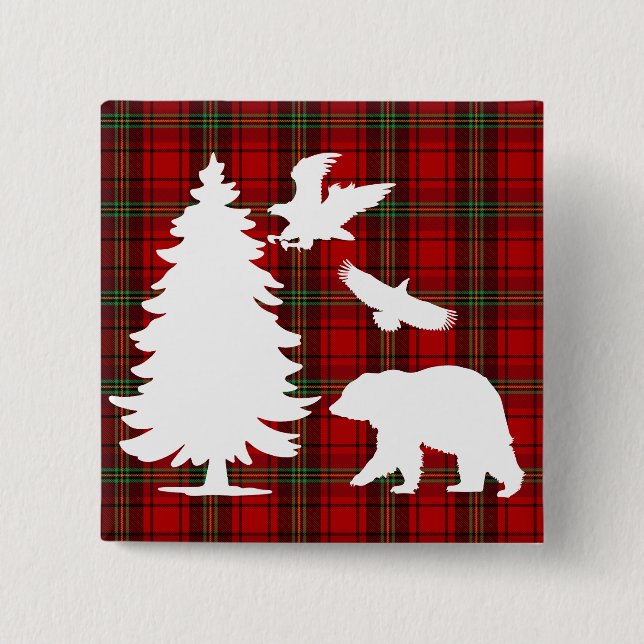 Pine tree Bear Eagle on Red Black Tartan 2 Inch Square Button (Front)