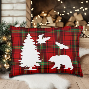 Pine tree Bear Eagle on Red Black Tartan Accent Pillow