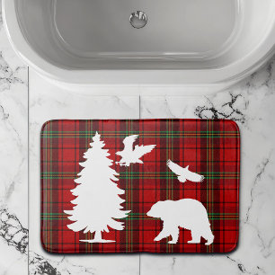 Pine tree Bear Eagle on Red Black Tartan Bath Mat