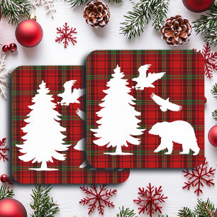 Pine tree Bear Eagle on Red Black Tartan Coaster