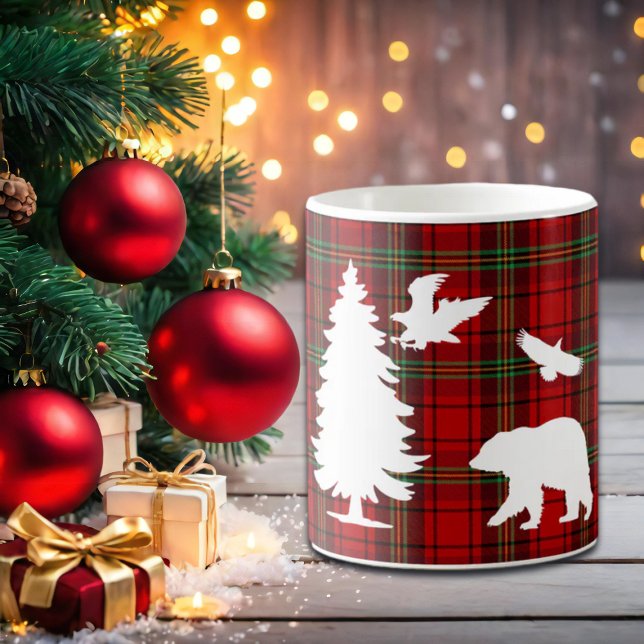 Pine tree Bear Eagle on Red Black Tartan Coffee Mug (Creator Uploaded)
