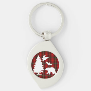 Pine tree Bear Eagle on Red Black Tartan Keychain