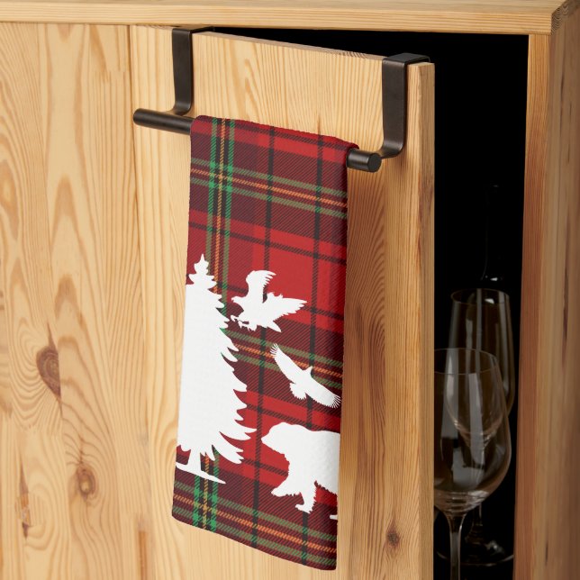 Pine tree Bear Eagle on Red Black Tartan  Kitchen Towel (Thirds Fold)