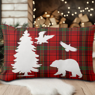 Pine tree Bear Eagle on Red Black Tartan Lumbar Pillow
