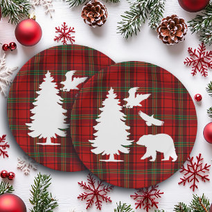 Pine tree Bear Eagle on Red Black Tartan Paper Plate