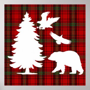 Pine tree Bear Eagle on Red Black Tartan Poster