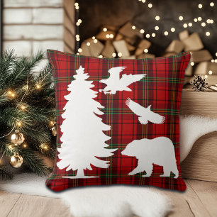 Pine tree Bear Eagle on Red Black Tartan Throw Pillow