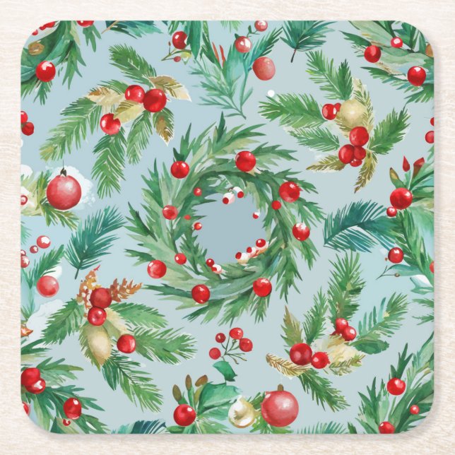 Pine Tree Berry Swirls Square Paper Coaster (Front)