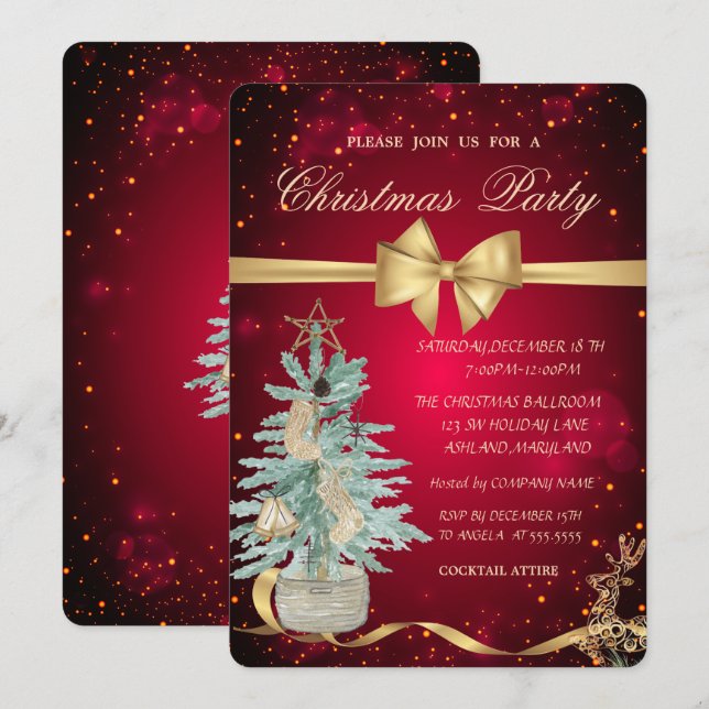 Pine Tree,Bow,Reindeer Christmas Party Invitation (Front/Back)