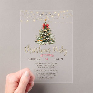 Pine Tree,Bow,String Lights Gold Christmas  Acrylic Invitations