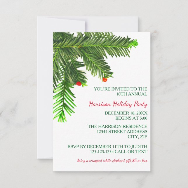 Pine Tree Branch - 3x5 Christmas Party Invitation (Front)