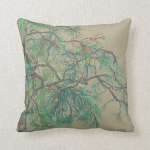 "Pine-tree branch", pastel drawing in green tones Throw Pillow