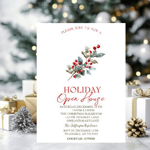 Pine Tree Branch Red Berries Holiday Open House   Invitation