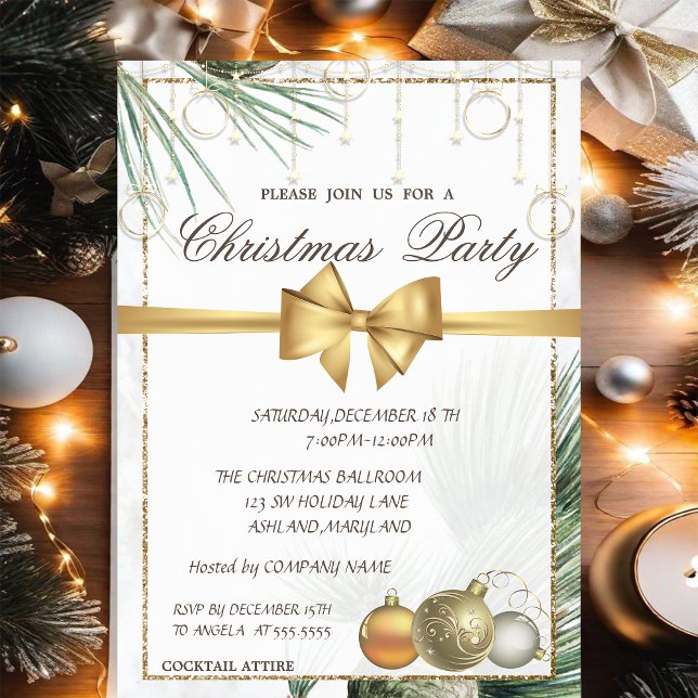 Pine Tree Branches,Balls,Bow Gold Christmas Party Invitation (Creator Uploaded)