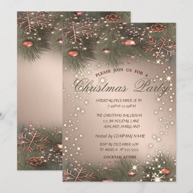 Pine Tree Branches,Balls,Rose Gold Christmas Party Invitation (Front/Back)