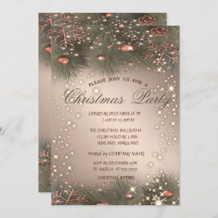 Pine Tree Branches,Balls,Rose Gold Christmas Party Invitation