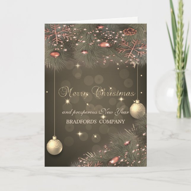 Pine Tree Branches, Balls,Stars,Snowflakes Company Holiday Card (Front)