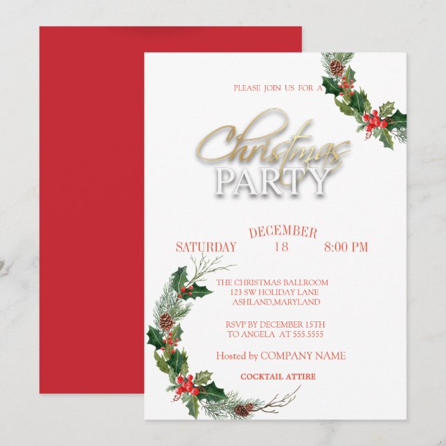 Pine Tree Branches Christmas Company Party Invitation (Front/Back)