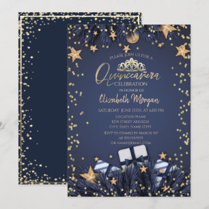 Pine Tree Branches,Diamonds Navy Blue Quinceañera Invitation