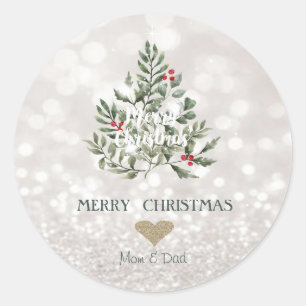  Pine Tree Branches Glittery Bokeh Classic Round Sticker