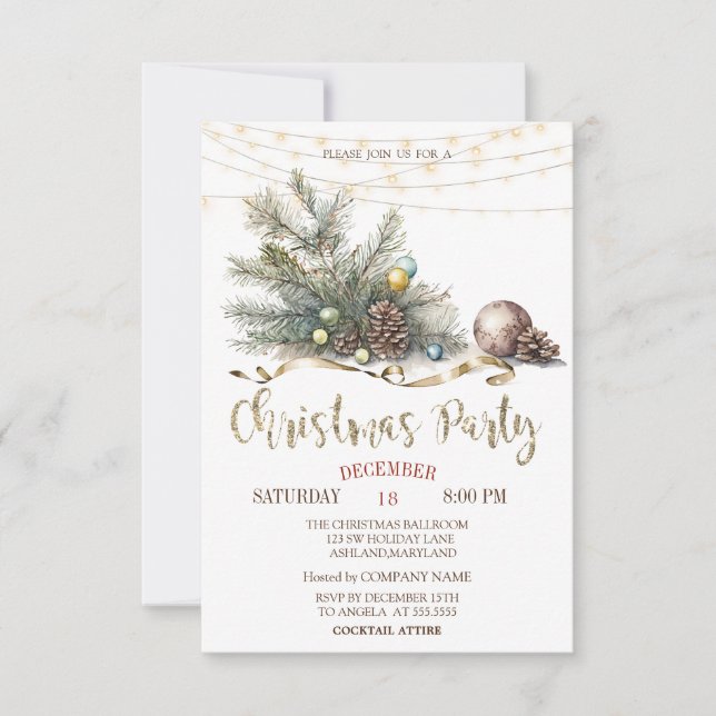 Pine Tree Branches,Lights Wood Christmas Party Invitation (Front)