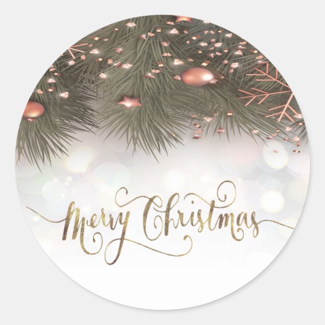 Pine Tree Branches Ornaments Merry Christmas Classic Round Sticker (Front)