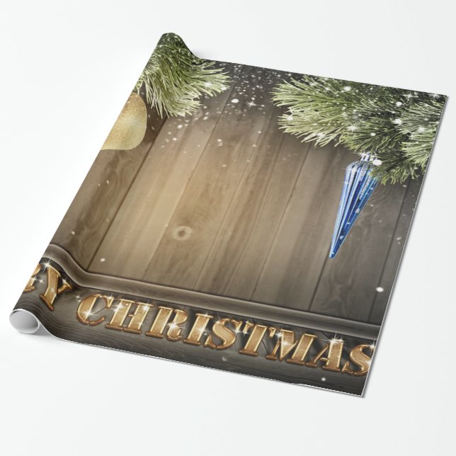 Pine Tree Branches,Ornaments,Wood Holiday Wrapping Paper (Unrolled)