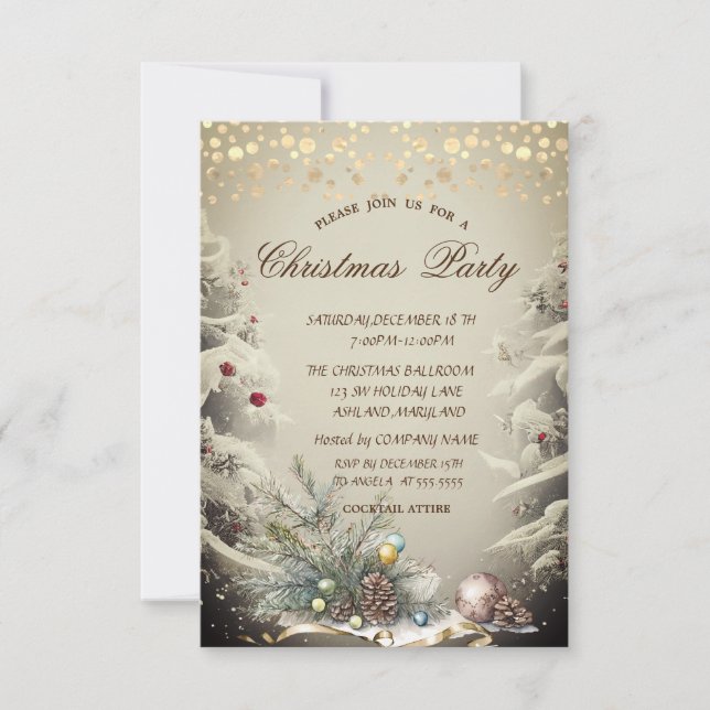 Pine Tree Branches,Pine Cone Dots Christmas Invitation (Front)