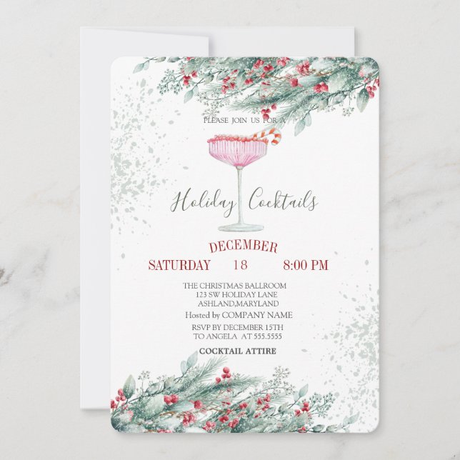 Pine Tree Branches Red Berries Drink Christmas  Invitation (Front)