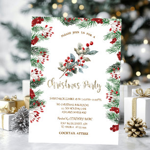 Pine Tree Branches Red Holly Berries Christmas  Invitation