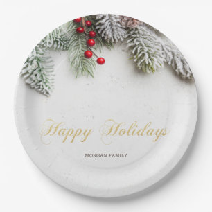 Pine Tree Branches Snow Christmas  Paper Plate