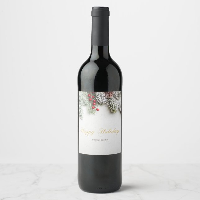 Pine Tree Branches Snow Christmas  Wine Label (Front)