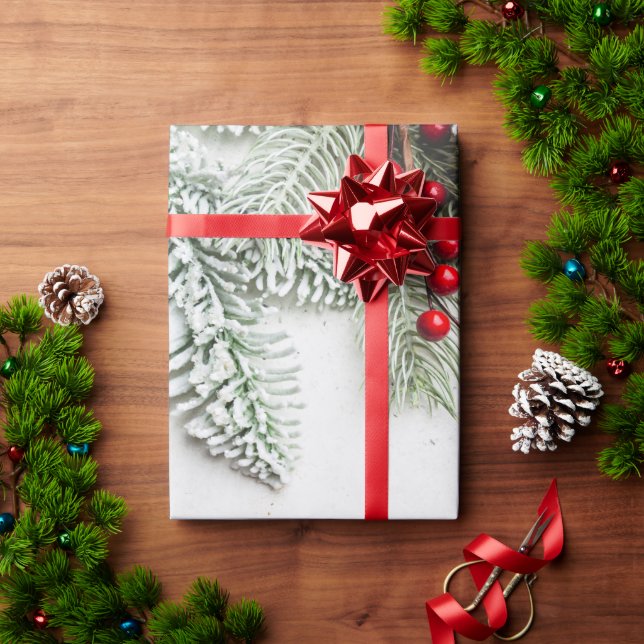Pine Tree Branches Snow Christmas   Wrapping Paper (Holiday Gift)