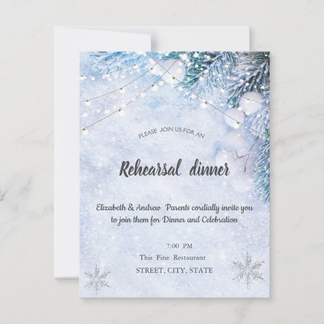 Pine Tree Branches,Snow, Lights Rehearsal Dinner Invitation (Front)
