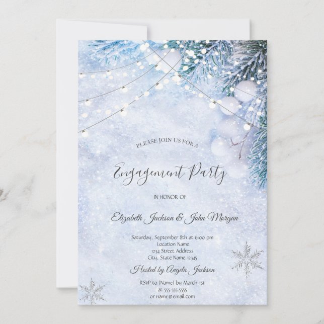 Pine Tree Branches,Snow String Lights Engagement  Invitation (Front)