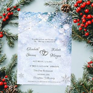 Pine Tree Branches,Snow String Lights Wedding   Invitation