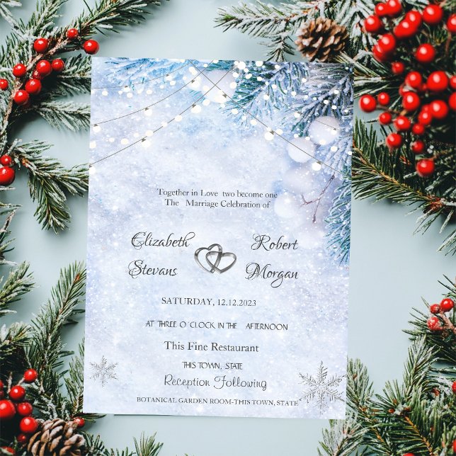 Pine Tree Branches,Snow String Lights Wedding   Invitation (Creator Uploaded)