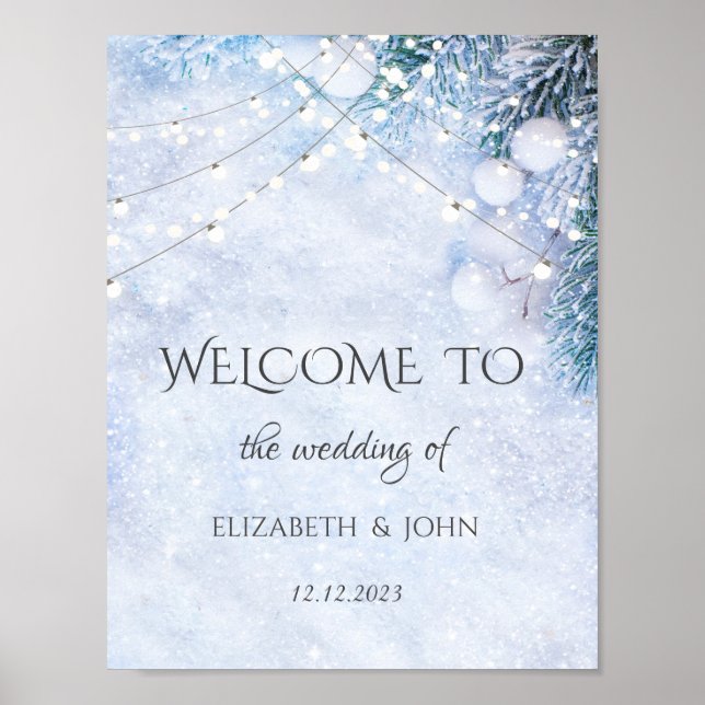 Pine Tree Branches,Snow String Lights Wedding Poster (Front)