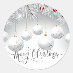 Pine Tree Branches White Balls Merry Christmas Classic Round Sticker