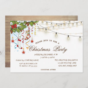 Pine tree Branches Wood,String Lights Christmas Invitation