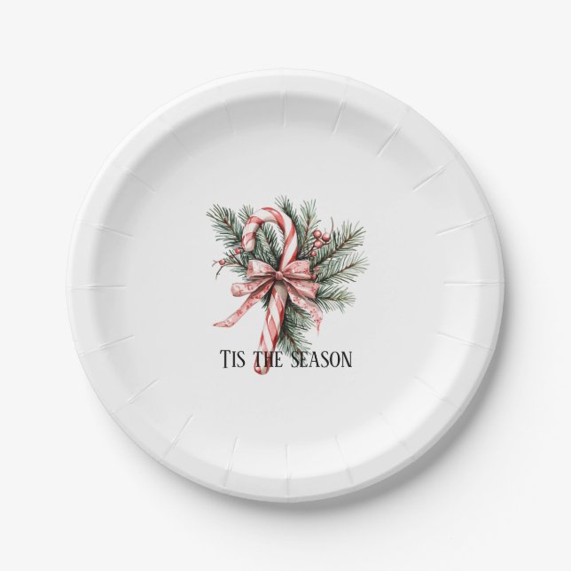 Pine Tree Candy Cane Red Christmas Paper Plate (Front)
