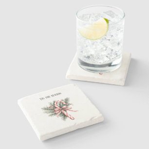 Pine Tree Candy Cane Red Christmas Stone Coaster