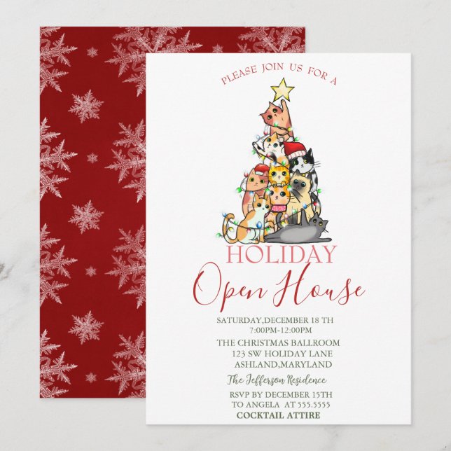 Pine Tree Cats Snowflakes Open House  Invitation (Front/Back)
