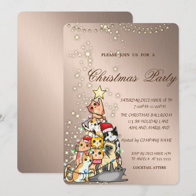 Pine Tree Cats,Sparkle,Lights,Christmas Party  Invitation (Front/Back)