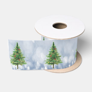 Pine Tree Christmas Balls,Blue Bokeh Holiday Satin Ribbon