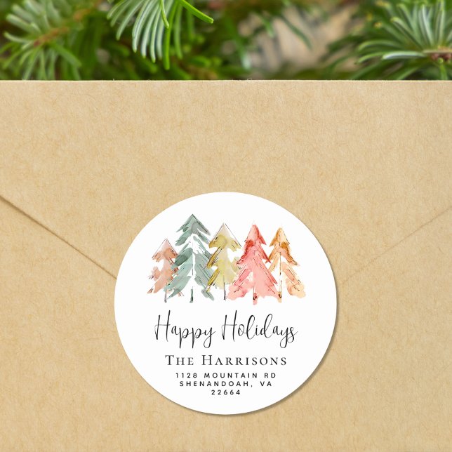 Pine Tree Christmas Holiday Return Address Classic Round Sticker (Creator Uploaded)